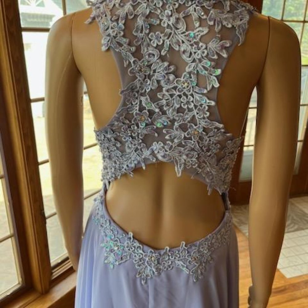 *Blue Beads Crepe Lace Sheer Sleeveless Open Back Formal Prom Gown Dress Size 12